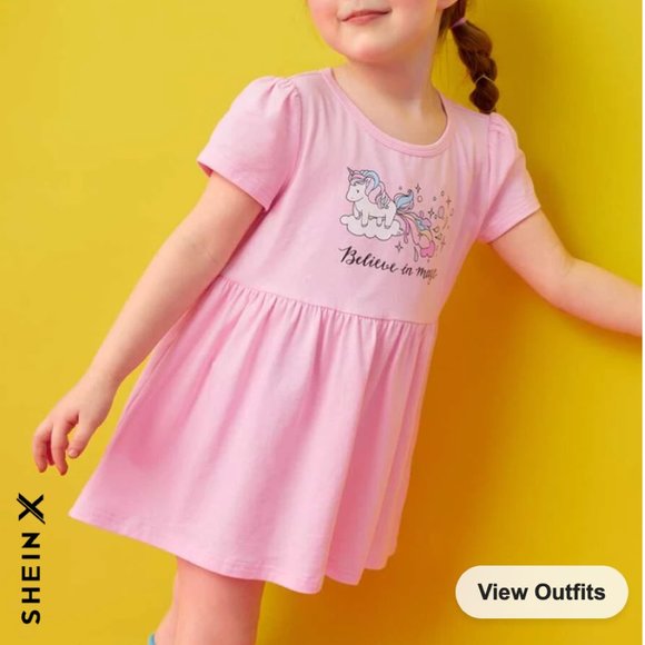 Shein | NWT | Toddler Girls Unicorn Puff Sleeve Dress | 5Y | Pink | JIT8230984 - Picture 1 of 7
